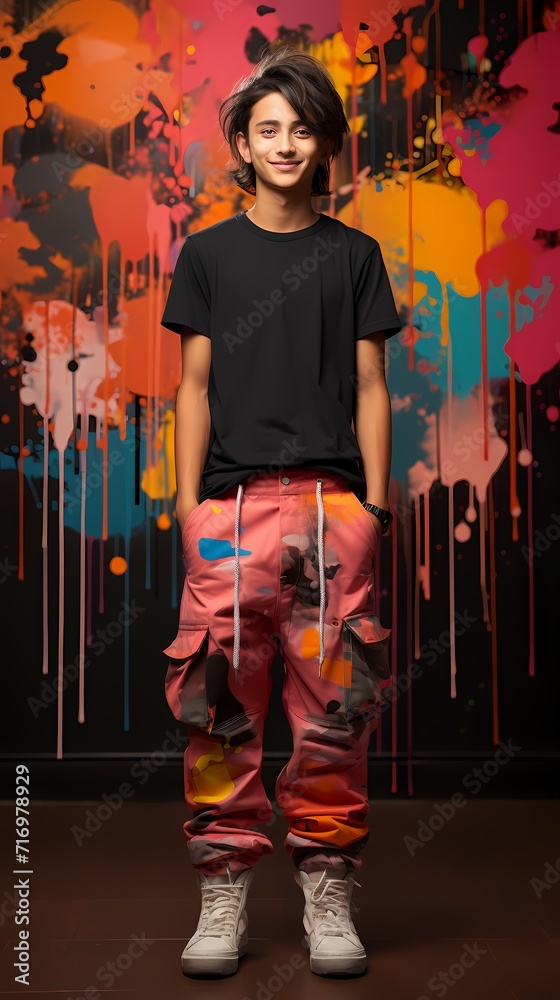 A Japanese girl with a playful smile, wearing a black graphic t-shirt, cargo pants, and sneakers, poses against a gradient red and pink background with paint splatters