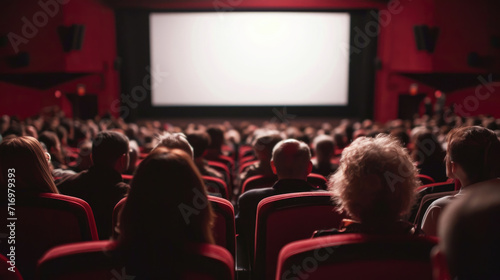 Audience is seated in a cinema with a focus on the back of their heads, looking towards a blank movie screen with red seats and atmospheric lighting.