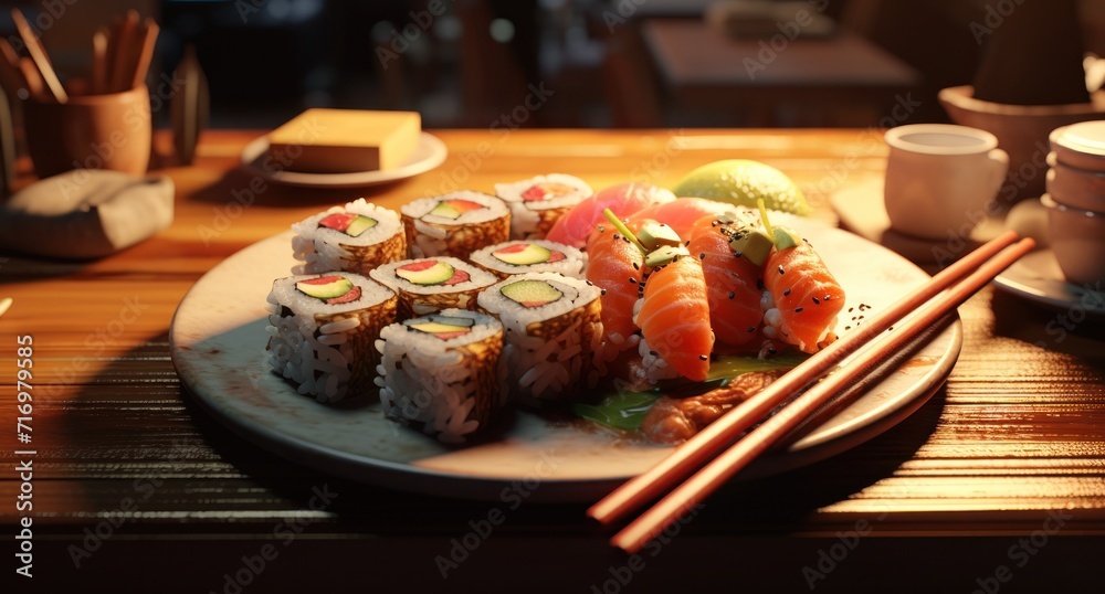 Cuisine du Japon, une assiette de sushis sur une table Cuisine du Japon, une assiette de sushis sur une table