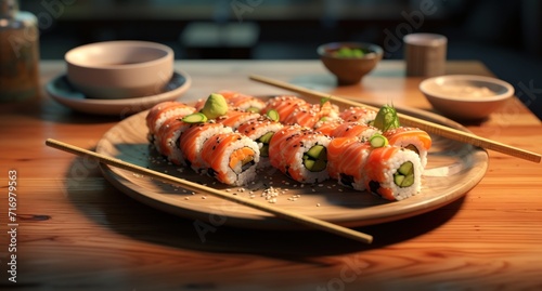 Cuisine du Japon, une assiette de sushis sur une table