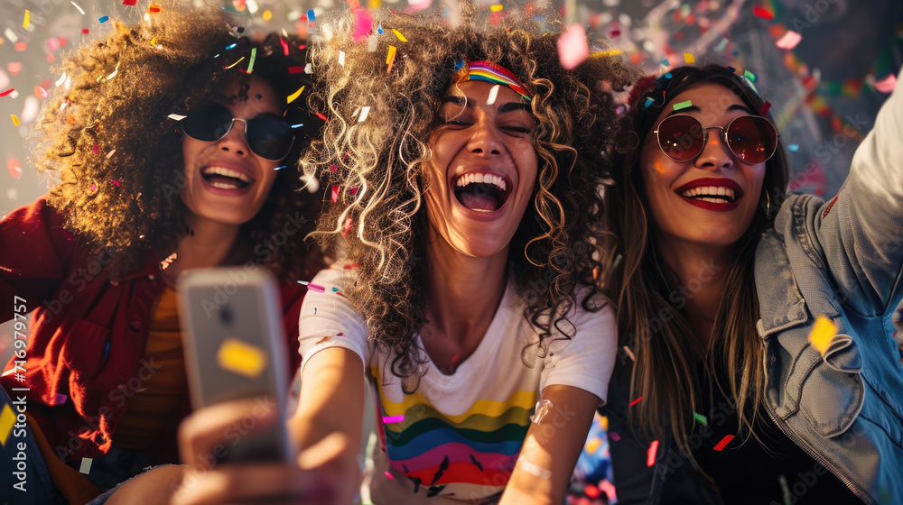 Joyful friends are taking a selfie during a celebration with confetti flying around them. Joyful friends are taking a selfie during a celebration with confetti flying around them.
