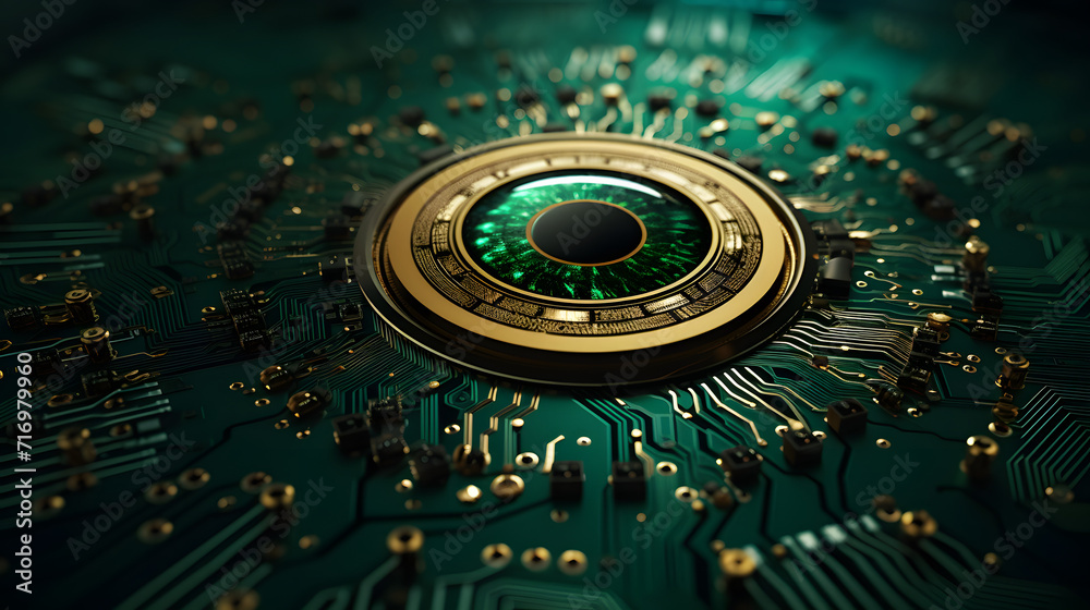 a circuit board in a dark green color with gold, in the style of photorealistic eye, cybersteampunk, shaped canvas, metallic rotation, colorful composition, manual focus lens, hyper-realistic sci-fi