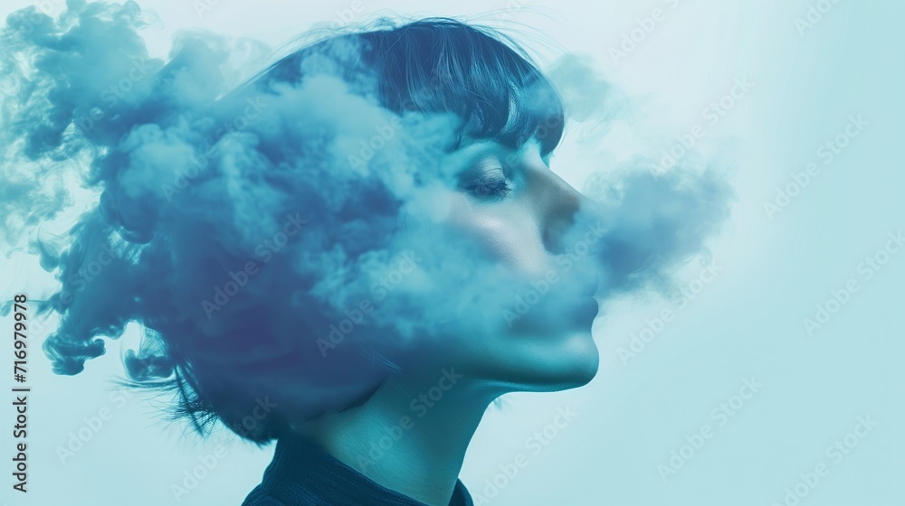 Side-on portrait of woman with short hair surrounded by smoke, blank background, blue tones 