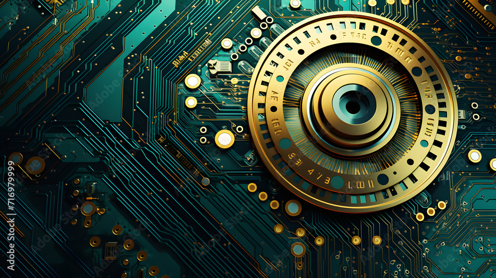 an industrial background with circuit boards with gold and gold, in the style of photorealistic eye, dark turquoise and light green, aetherclockpunk, shaped canvas, large format lens an industrial background with circuit boards with gold and gold, in the style of photorealistic eye, dark turquoise and light green, aetherclockpunk, shaped canvas, large format lens