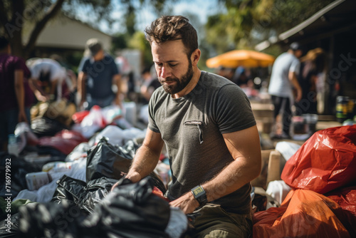 An uplifting image of volunteers distributing essential supplies to families affected by natural disasters, showcasing the rapid response and support provided by community-driven i