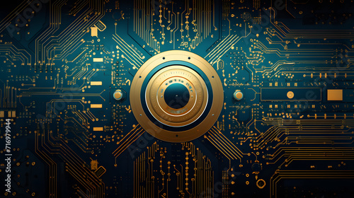 circuit board background, circuit board images stock graphics, in the style of fish-eye lens, dark gold and dark aquamarine, aetherclockpunk, gothic steampunk, photorealistic eye, security camera