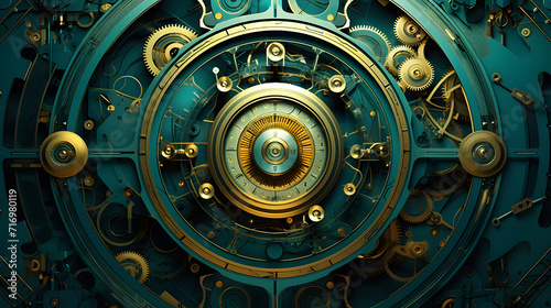 the green background shows gold wires and circles, in the style of futurist mechanical precision, hyper-realistic details, webcam, dark cyan and gold, aetherclockpunk, shaped canvas, mechanical design