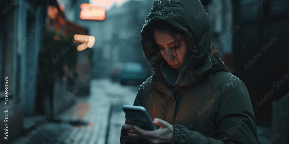 A woman standing in the rain, holding her cell phone, looking at the screen. Suitable for illustrating concepts of technology, communication, and rainy weather