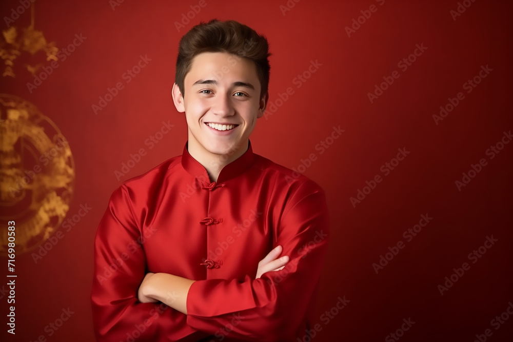 portrait of a man wearing red Chinese clothing to commemorate Chinese New Year with generative ai portrait of a man wearing red Chinese clothing to commemorate Chinese New Year with generative ai