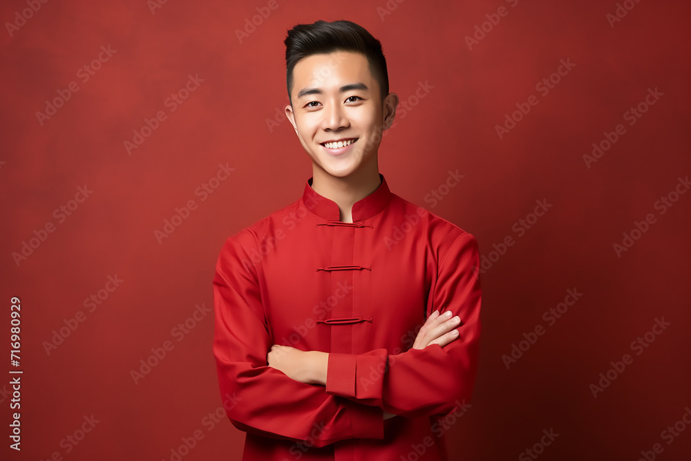 portrait of a man wearing red Chinese clothing to commemorate Chinese New Year with generative ai portrait of a man wearing red Chinese clothing to commemorate Chinese New Year with generative ai