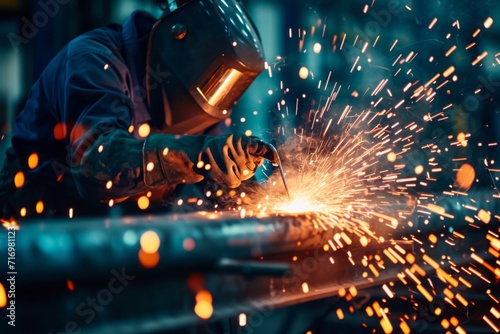 Skilled Welder Creates Fiery Sparks Against Background Of Industrial Brilliance