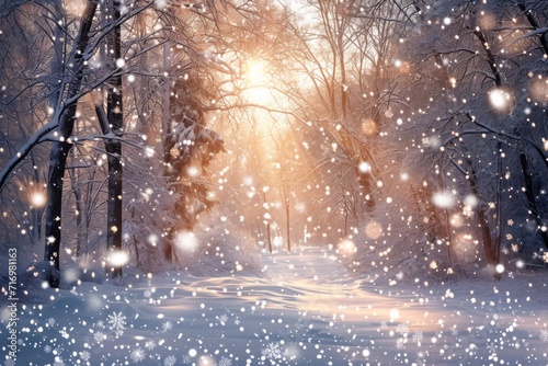 Enchanting Winter Landscape: Snow-Draped Trees And Cascading Snowflakes © Anastasiia