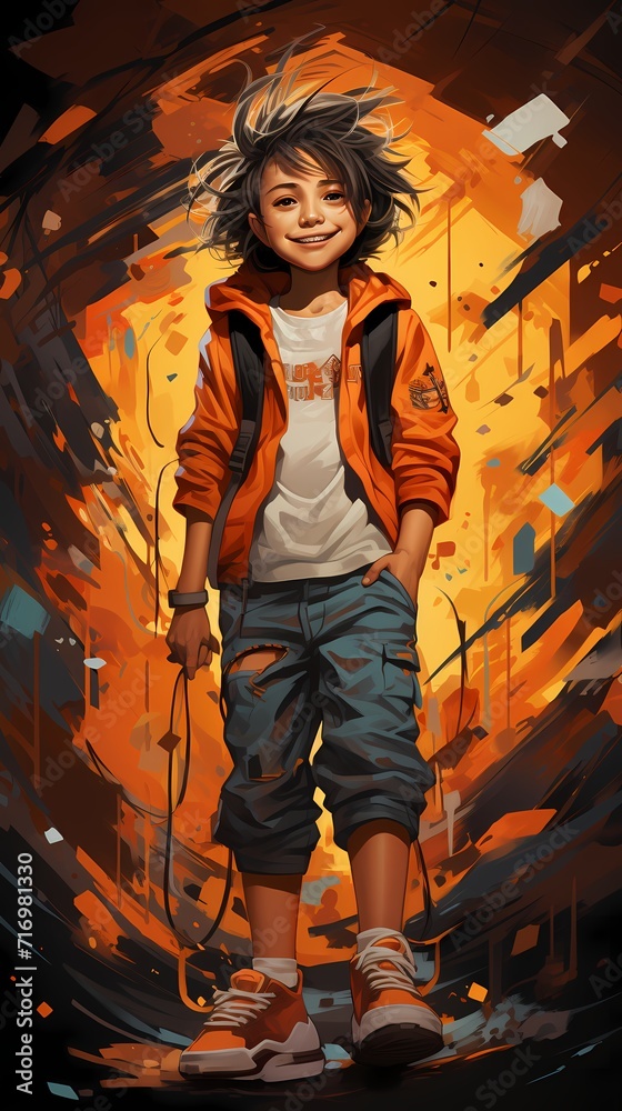 A Japanese girl with a playful smile, wearing a black graphic t-shirt, cargo pants, and chunky sneakers, poses against a gradient red and orange background with paint splatters