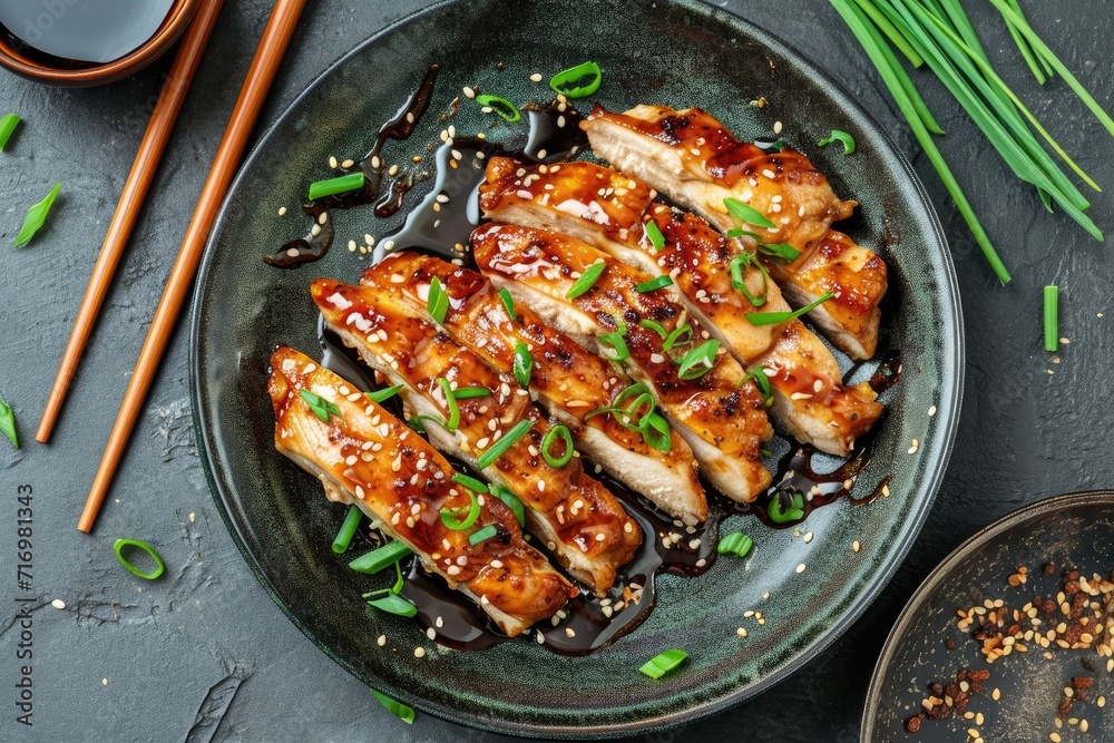 Chicken teriyaki made of chicken breast fillets, sweet Japanese wine, freshly grated ginger, soya sauce, green onions for garnish served in bowl