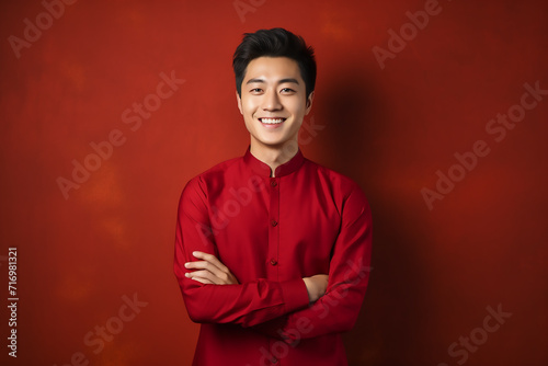 portrait of a man wearing red Chinese clothing to commemorate Chinese New Year with generative ai