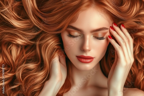 Attractive Woman With Cascading Wavy Hair, Adorned With Trendy Red Manicure