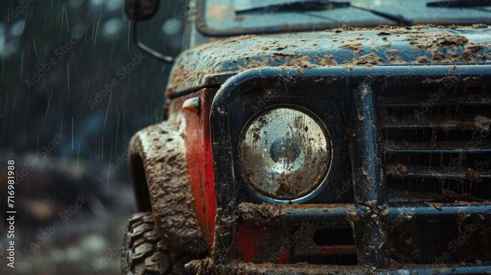 A close-up view of a dirty truck stuck in the mud. Suitable for transportation or off-road concept