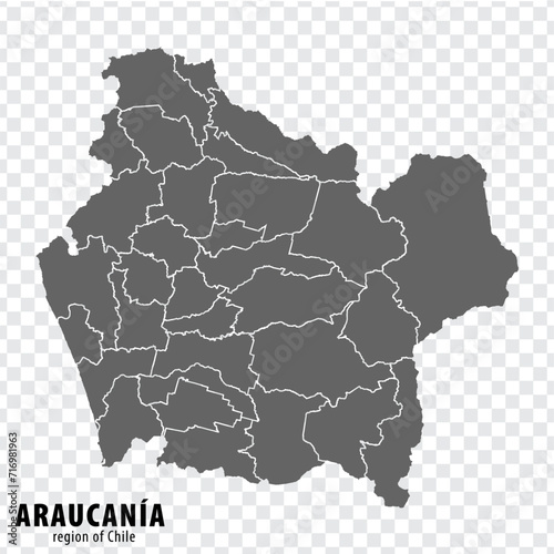 Blank map Araucania Region of Chile. High quality map Araucania  with municipalities on transparent background for your web site design, logo, app, UI. Republic of Chile.  EPS10.