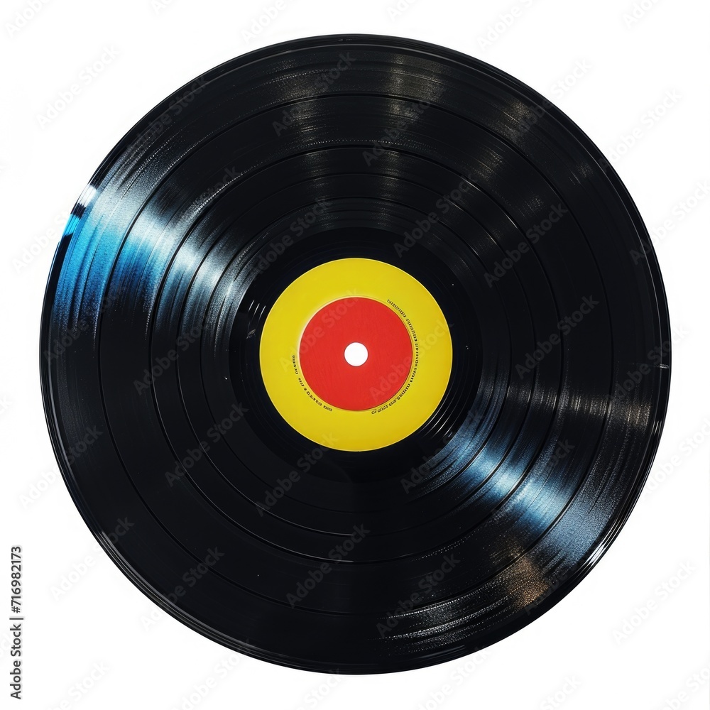 A black vinyl record with a vibrant yellow and red disc. Perfect for music enthusiasts or retro-themed designs A black vinyl record with a vibrant yellow and red disc. Perfect for music enthusiasts or retro-themed designs