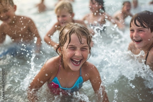 Children Having Joyful Water Playtime By The Seaside  Filled With Laughter