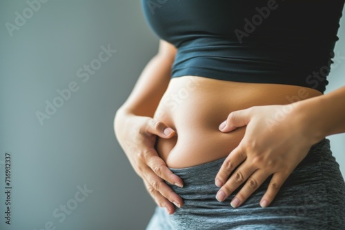 Closeup Of Womans Hand Grasping Excess Belly Fat, Illustrating Overweight Concept photo