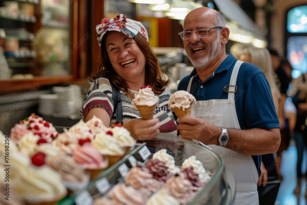 Couple Joyfully Savoring Gelato, Displaying Array Of Delightful Flavors, In Rome Couple Joyfully Savoring Gelato, Displaying Array Of Delightful Flavors, In Rome