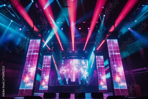 Colorful Led Panels On Stage Surrounded By Laser Lights And Holographic Displays