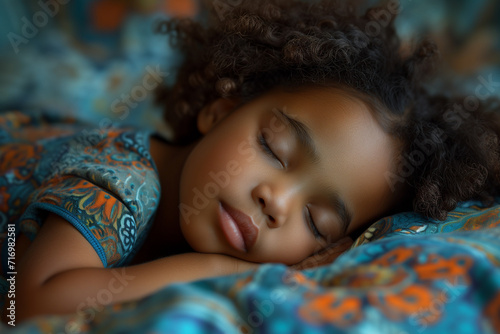 Black american girl sleeping in bed, in hotel room. World Sleep Day, mental health concept.