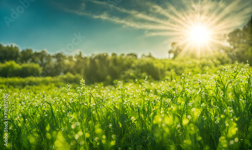 Dew kissed spring grass field  a fresh scene