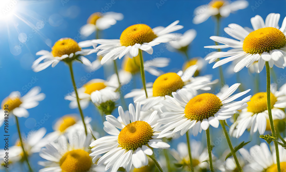 Sunny spring field: Vibrant camomile flowers under the sun Sunny spring field: Vibrant camomile flowers under the sun