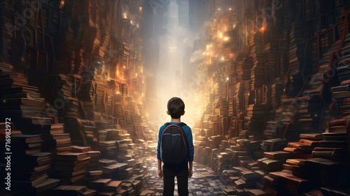Rear view of a boy standing in front of a wall of books