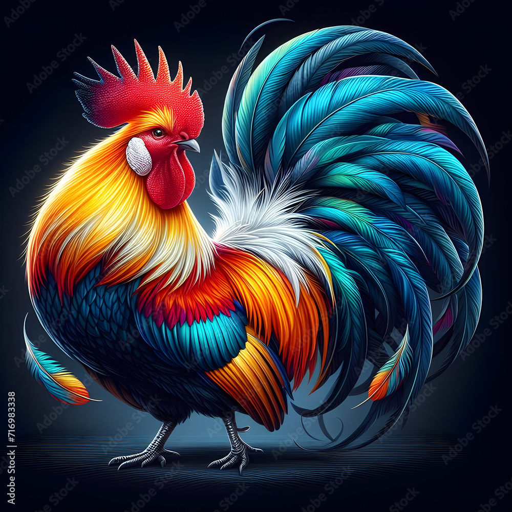 Rooster's colorful feathers glow in the moonlight. Generate ai