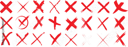 Red Cross Marks Vector Set. Error, decline, cancel icons on white background. Ideal for error messages, apps, web usage. Clear visuals for denial or wrong actions