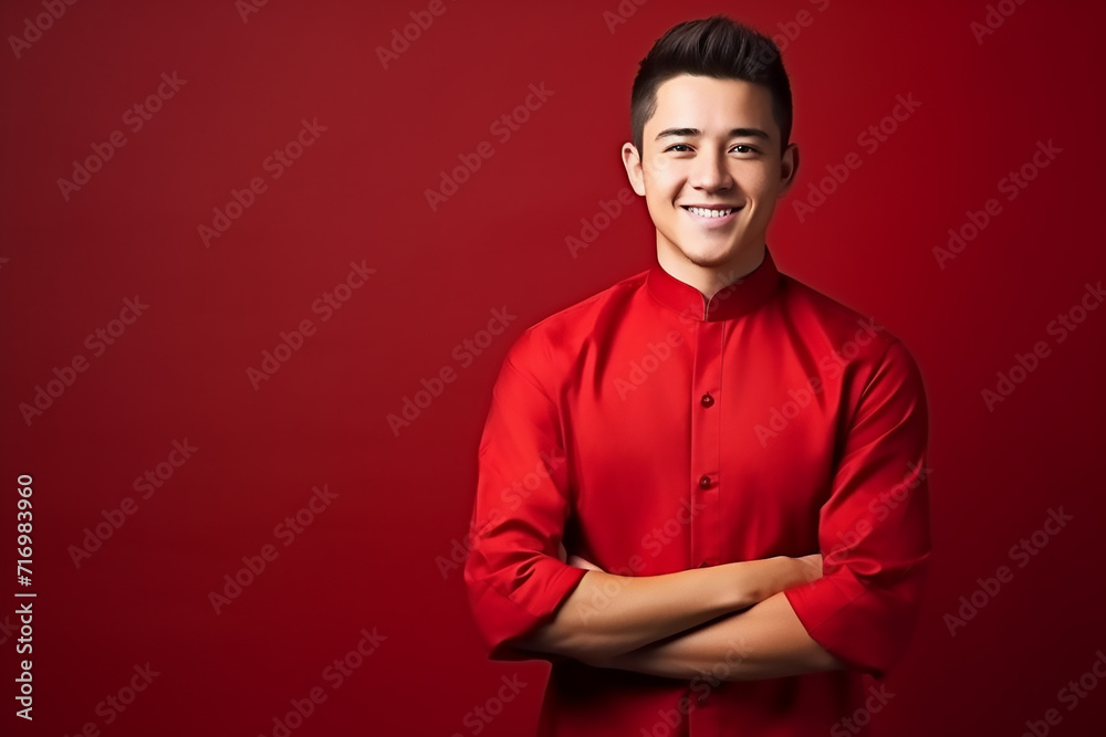 portrait of a man wearing red Chinese clothing to commemorate Chinese New Year with generative ai portrait of a man wearing red Chinese clothing to commemorate Chinese New Year with generative ai