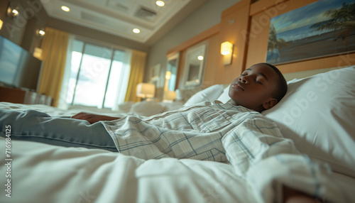 Black american boy sleeping in bed, in hotel room. World Sleep Day, mental health concept. 