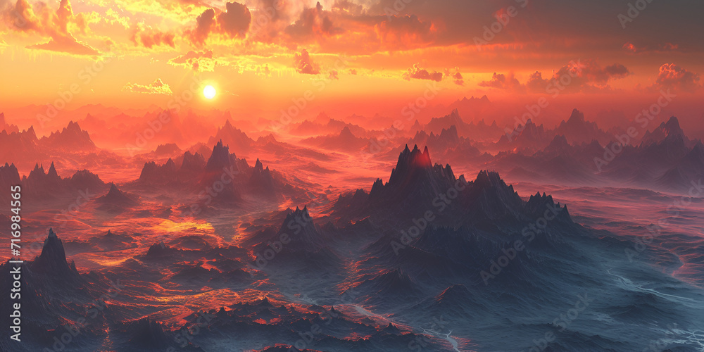3d render. Fantasy landscape of black rocky mountains under the sunset sky. Abstract panoramic background, generative ai