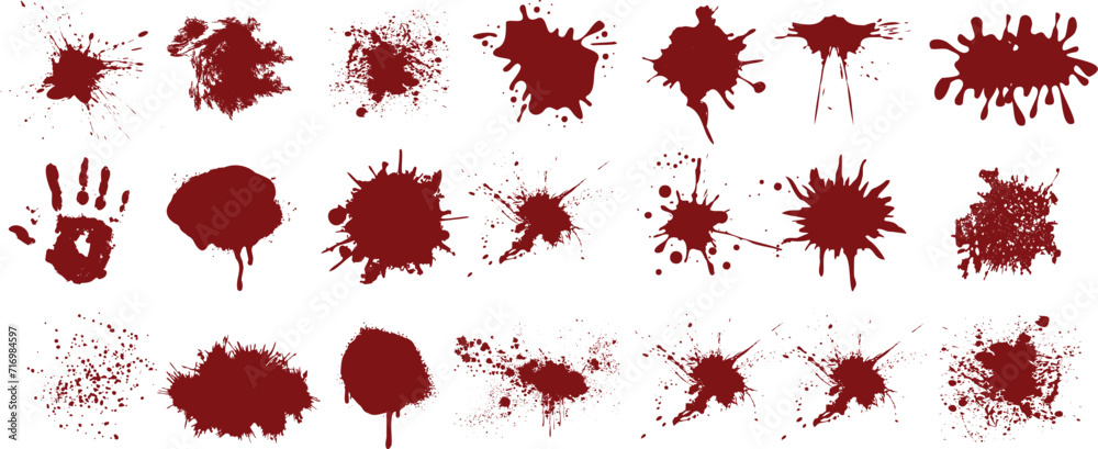 Blood splatter vector set, realistic red stains, drops, handprint. Ideal for horror, crime scene, Halloween designs. High-quality detailed graphics on a white background - obrazy, fototapety, plakaty 