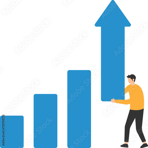 Growth or improvement, increase sales or revenue raising, Growing business or developing, marketing plan to help gain more profit, Help lift up bar graph to new high level
