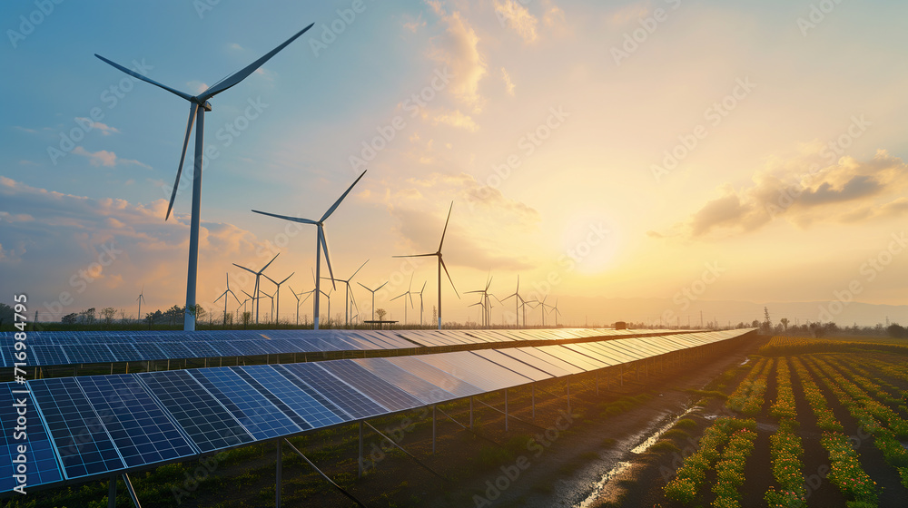 Renewable Energy Farm Wind turbines and solar panels harness energy at Sunset