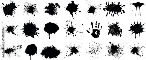 Ink splatter  paint splatter vector set  black paint splashes on white background  artistic design elements. Ideal for logos  branding  abstract art designs