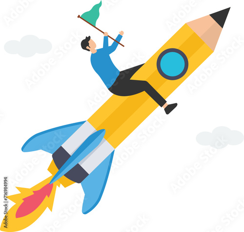 Writer inspiration, blogger, Copywriter or journalist creativity, Writer meditate on blank paper, Hold big pencil thinking about ideas, Write in her blog or journal
