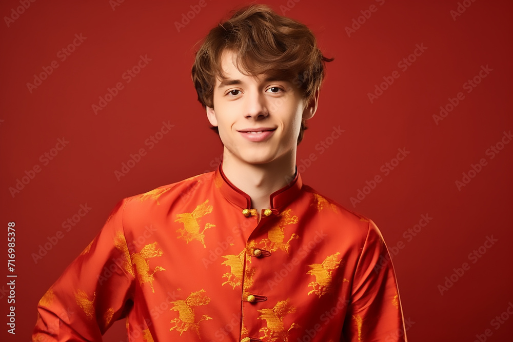 portrait of a man wearing red Chinese clothing to commemorate Chinese New Year with generative ai portrait of a man wearing red Chinese clothing to commemorate Chinese New Year with generative ai