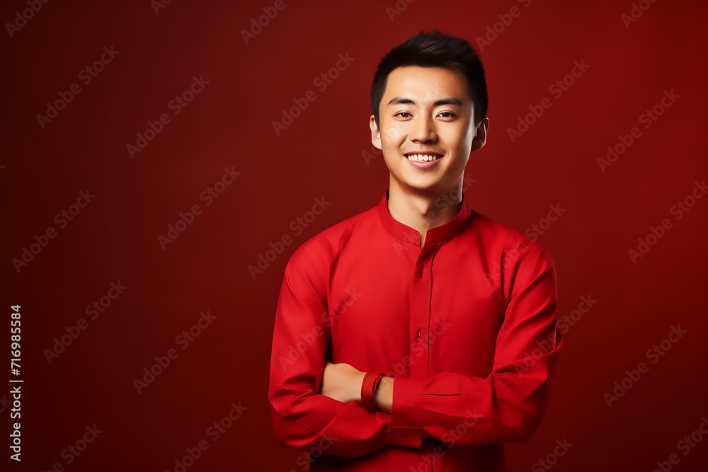 portrait of a man wearing red Chinese clothing to commemorate Chinese New Year with generative ai portrait of a man wearing red Chinese clothing to commemorate Chinese New Year with generative ai