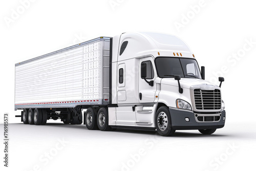 A white semi truck with a trailer on a plain white background. Suitable for transportation, logistics, and delivery concepts