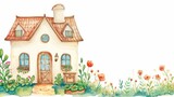 Charming watercolor illustration of a cottage with greenery and a stone path.