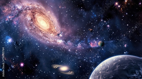 Vivid illustration of various celestial bodies and cosmic events in a galaxy.