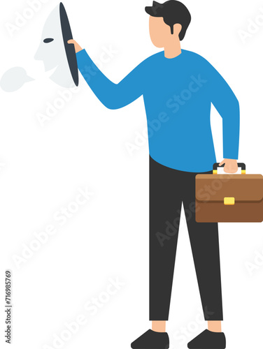 Imposter syndrome, hypocrisy, Business dishonest or liar, fake, Crime or fraudulent, Holding a smiling mask, Thinking about acting like another person
