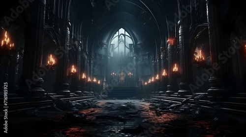 Majestic gothic dark fantasy castle hall with throne and torches, perfect for fantasy settings