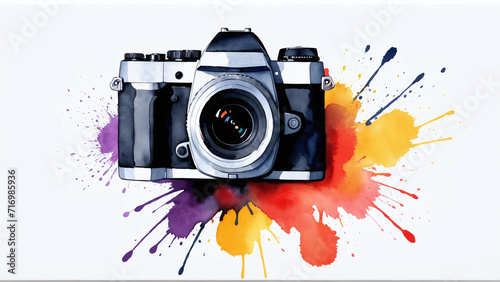 abstract water color poster drawing camera on white background. water splash design. AI generated