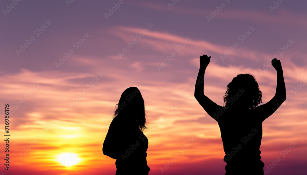 A silhouette of a woman raising her fist in the air with a sunset background